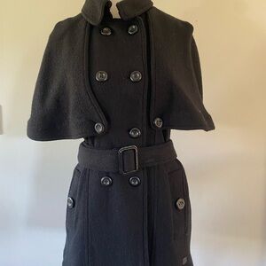 Burberry Black Wool Button-Front Cape Coat with Belt Detail